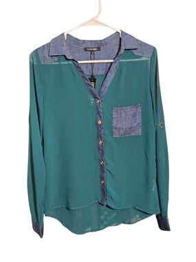 Papermoon Teal Button-Down Blouse with Denim Trim